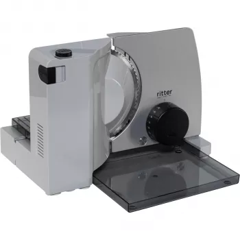 Ritter Compact 7 elektrická univerzálna krájačka s 65 W Eco motorom, zúbkovaným nerezovým nožom, 0-20 mm hrúbka rezu, skladacím dizajnom, prísavkami, čierna/strieborná