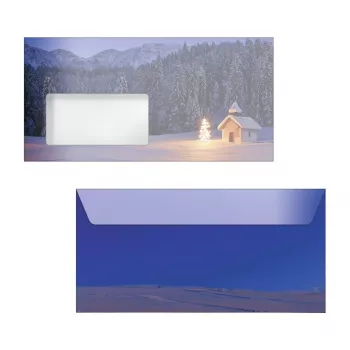 Sigel 50 vianočných obálok s motívom kaplnky DIN lang so samolepiacim uzáverom, viacfarebné, 220 x 110 mm, 80 g/m², FSC certifikované