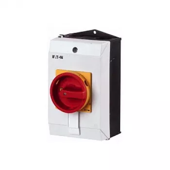 Eaton P1-25/I2/SVB 3-pólový hlavný vypínač, 25 A, 690 V, IP65, červeno-žltá rukoväť, nástenná montáž, funkcia núdzového zastavenia
