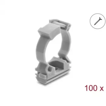 Delock držiak na káblové puzdro so zatváracou sponou, skrutkovací pre 25 mm ochrannú káblovú hadicu, 100 kusov, sivá