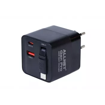 ALLNET 65W GaN USB-C PD nástenná nabíjačka s Quick Charge 3.0, 2x USB-C a 1x USB-A