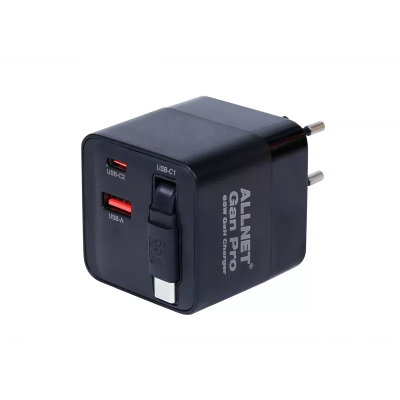ALLNET 65W GaN USB-C PD nástenná nabíjačka s Quick Charge 3.0, 2x USB-C a 1x USB-A