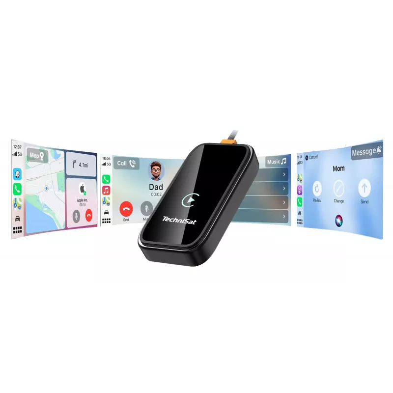 TechniSat Technicast 100 bezdrôtový CarPlay & Android-Auto adaptér – čierny, USB-C, Plug & Play