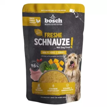 BOSCH Freshe Schnauze Mono-Protein mokré krmivo pre psov s kuracím mäsom, tekvicou a brokolicou – 250g vrecko