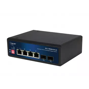 ALLNET ALL-SGI8104v3 priemyselný nespravovaný Layer 2 switch, 6 portov GbE, 4x GbE RJ45, 2x SFP, bez ventilátora, IP40