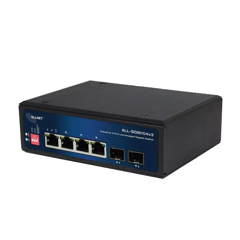 ALLNET ALL-SGI8104v3 priemyselný nespravovaný Layer 2 switch, 6 portov GbE, 4x GbE RJ45, 2x SFP, bez ventilátora, IP40
