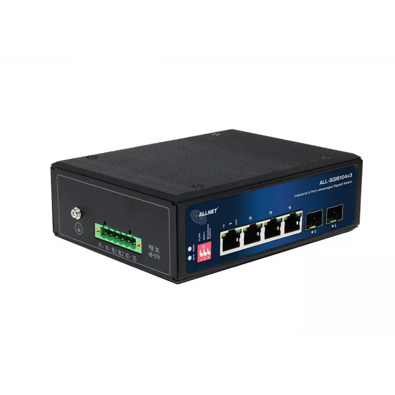 ALLNET ALL-SGI8104v3 priemyselný nespravovaný Layer 2 switch, 6 portov GbE, 4x GbE RJ45, 2x SFP, bez ventilátora, IP40