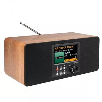 Albrecht DR 864 stereo DAB+ FM rádio s Bluetooth, drevené puzdro, 2x7W RMS, 2,4-palcový TFT farebný displej, duálny budík, AUX-In, konektor pre slúchadlá, USB nabíjanie, diaľkový ovládač