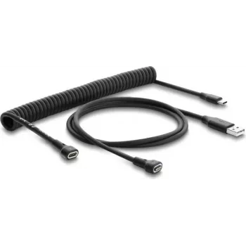 Delock magnetický špirálový kábel USB 2.0 Type-A konektor samec na Pogo 4-pin konektor samec + USB Type-C konektor samec na Pogo 4-pin konektor samica adaptérová sada čierna 1,5 m