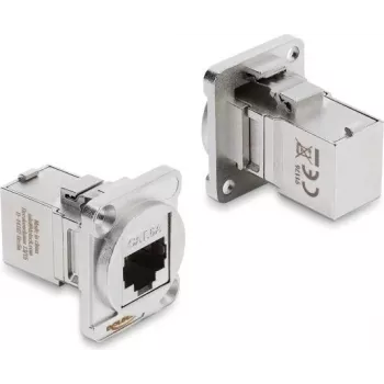 Delock D-Type modul RJ45 konektor samica na samicu 90° zahnutý Cat.6A strieborná