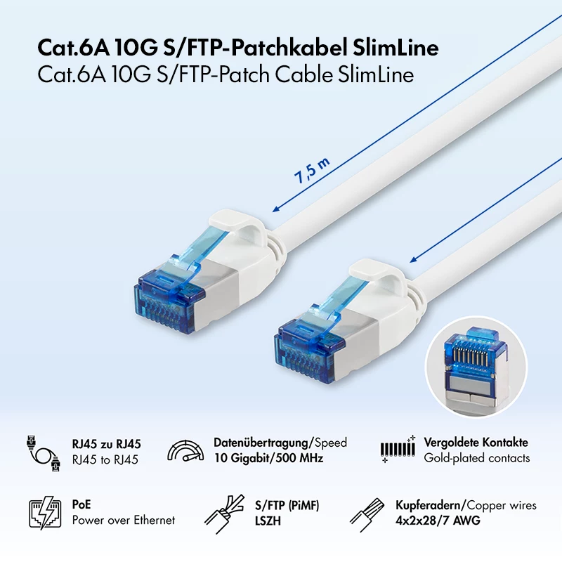 LogiLink SlimLine Cat.6A S/FTP LSZH patch kábel, biely, 7,5 m