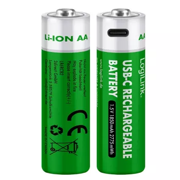 LogiLink LR6RCB2 USB-C nabíjateľné AA lítium-iónové batérie, balenie 2 ks, 1,5 V konštantné výstupné napätie, 2600 mWh