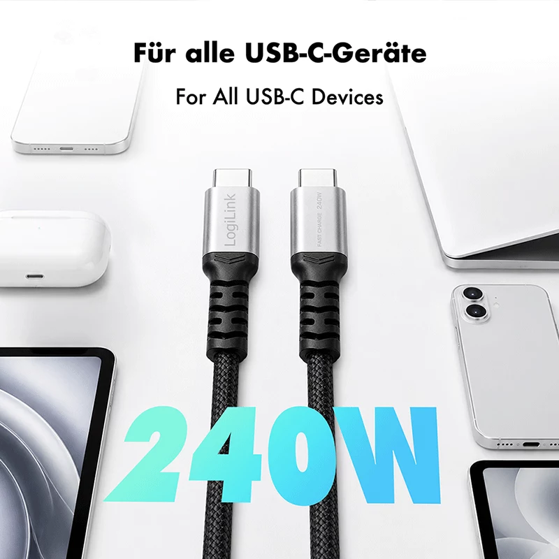 LogiLink USB 2.0 Type-C kábel, C/M na C/M, 480 Mbps, 240W, nylon, kov, čierny/strieborný, 2 m