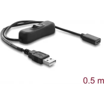 Delock USB napájací kábel Type-A konektor samec na USB Type-C konektor samica s vypínačom 0,5 m