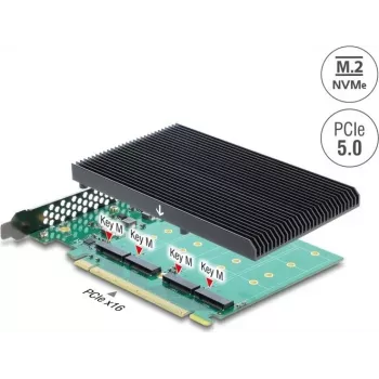 Delock PCI Express 5.0 x16 karta na 4 x interné NVMe M.2 Key M s chladičom - bifurkácia