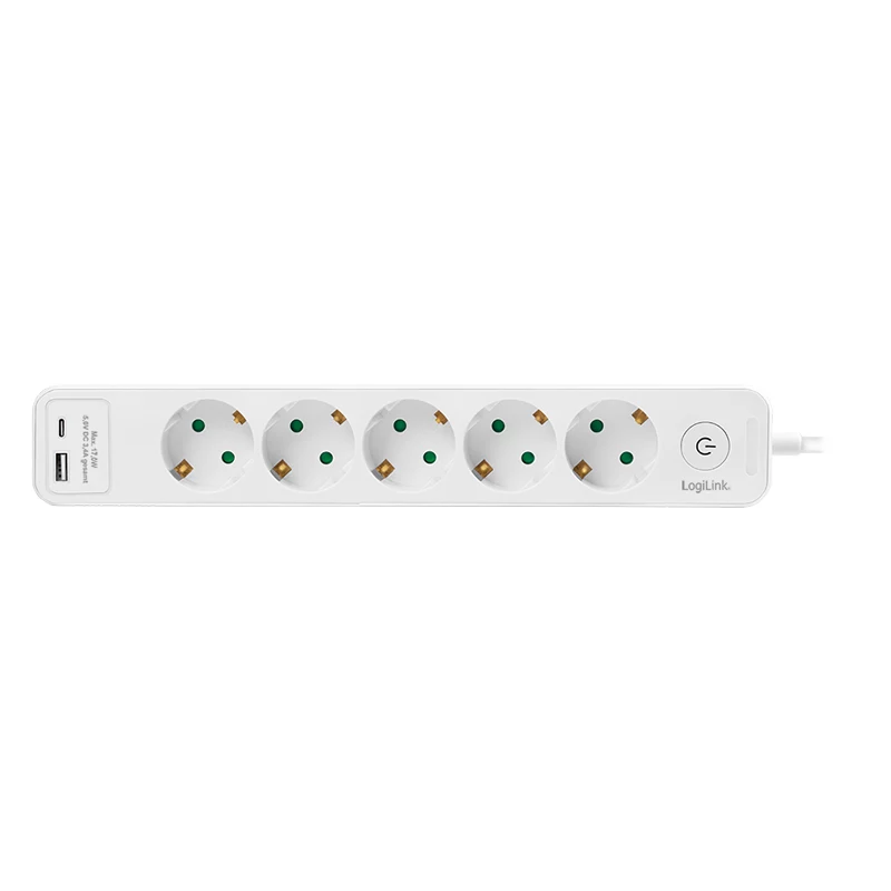 LogiLink LPS280U zásuvková lišta, 5 AC zásuviek, 2 USB porty (USB-A & USB-C), 17W, biela