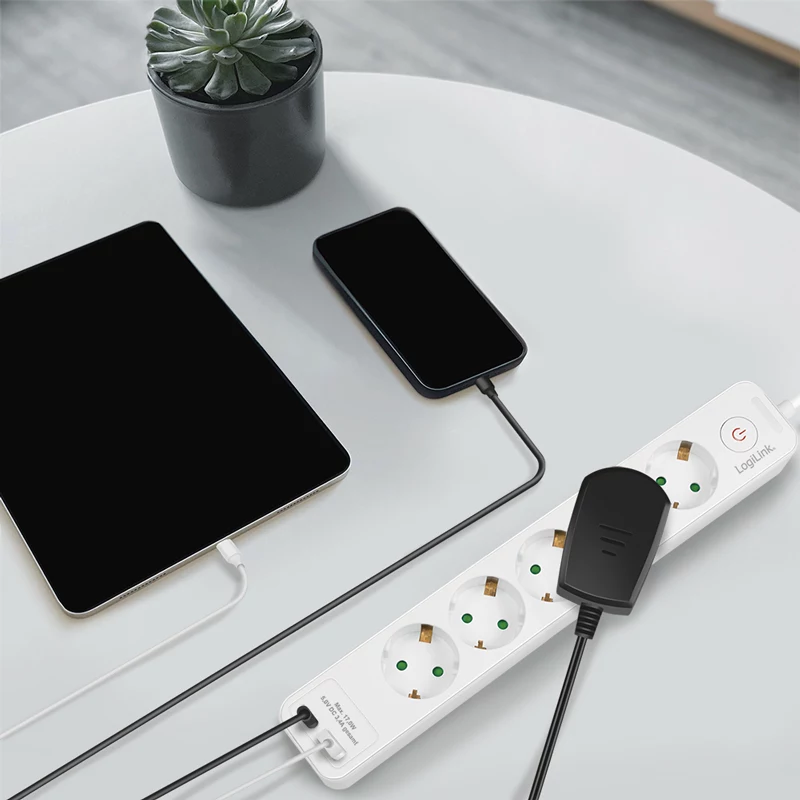 LogiLink LPS280U zásuvková lišta, 5 AC zásuviek, 2 USB porty (USB-A & USB-C), 17W, biela
