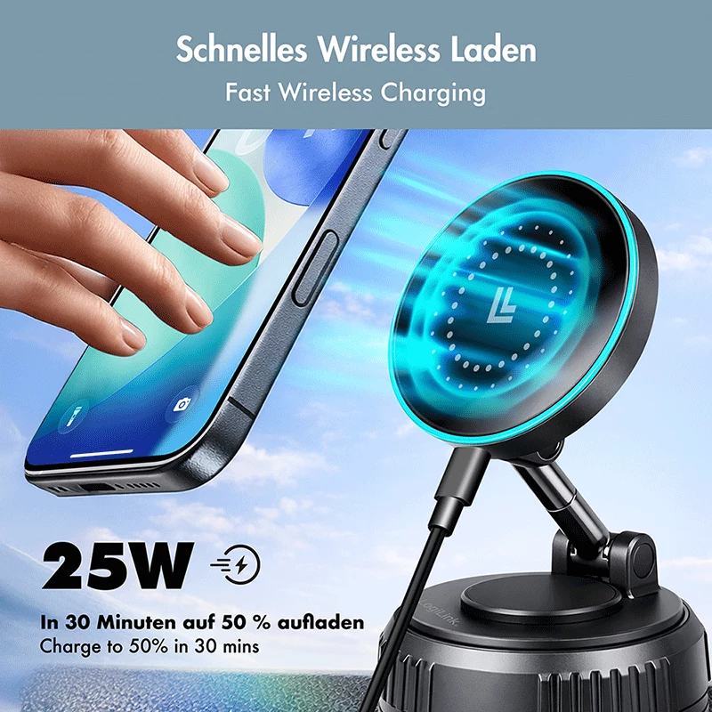 LogiLink bezdrôtová auto nabíjačka, vákuový magnet, 360° sklopná, 25W
