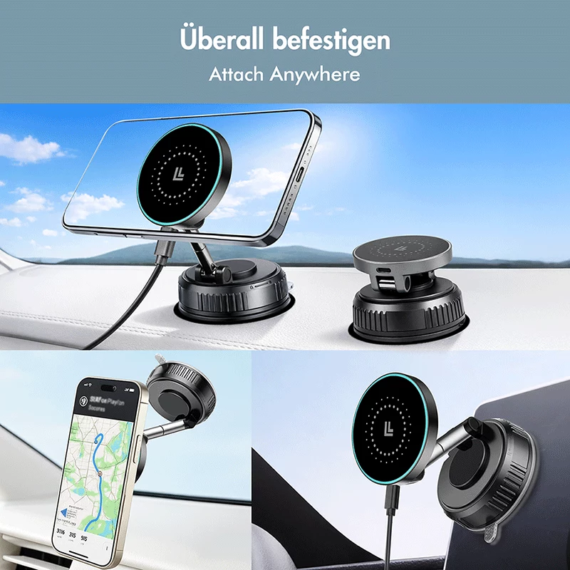 LogiLink bezdrôtová auto nabíjačka, vákuový magnet, 360° sklopná, 25W