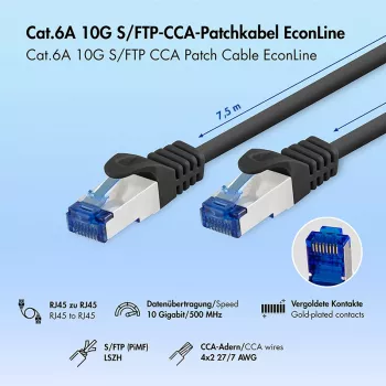 LogiLink EconLine Cat.6A S/FTP LSZH patch kábel, 7,5 m, čierny, CCA