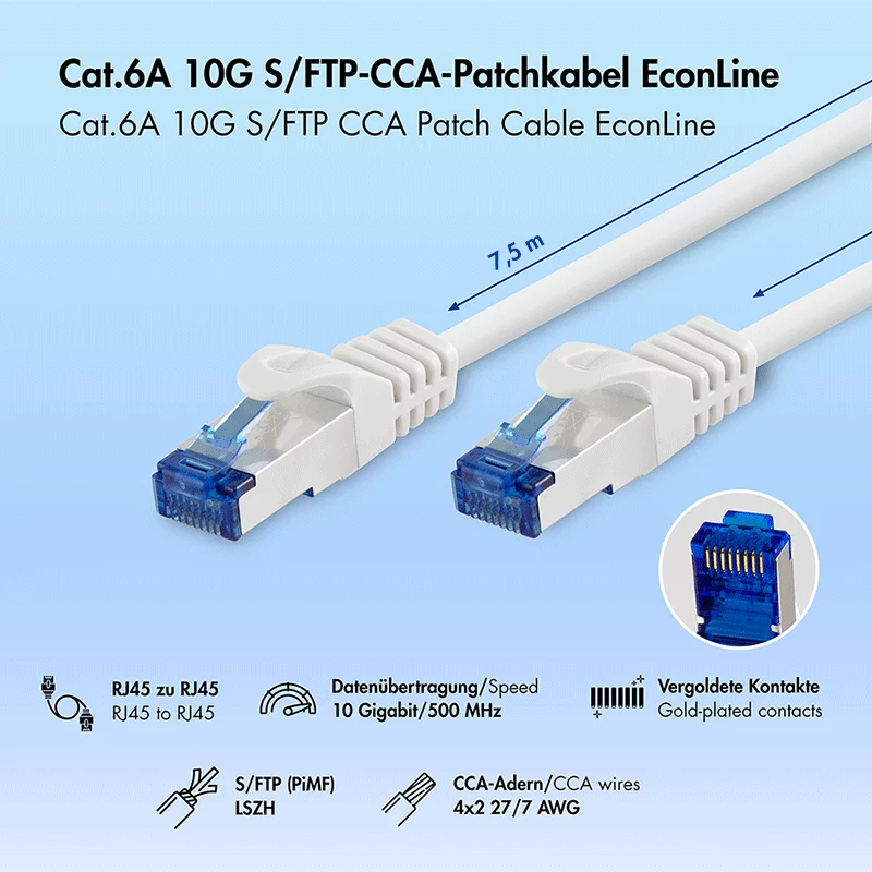 LogiLink Cat.6A S/FTP CCA LSZH patch kábel, biely, 7,5 m, EconLine