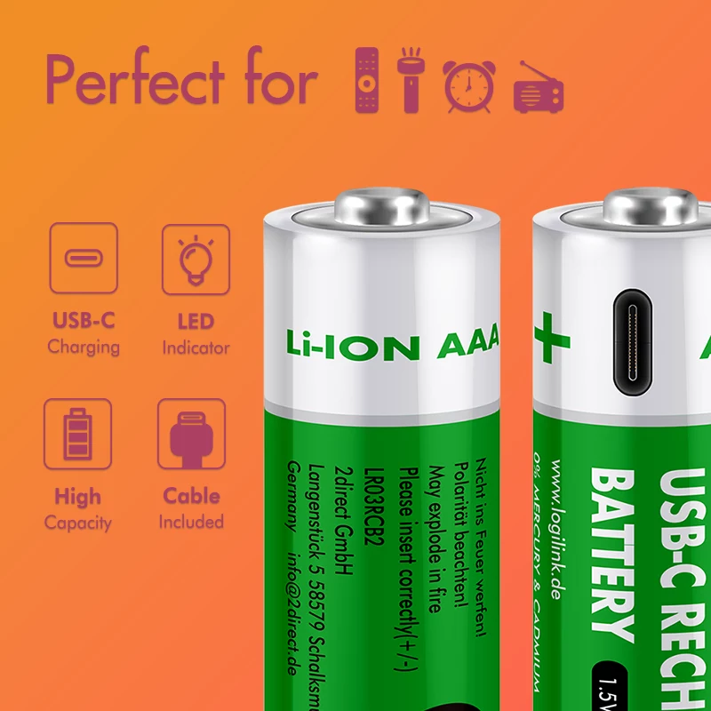 LogiLink LR03RCB2 nabíjateľné batérie AAA Li-Ion USB-C, 1,5V, balenie 2 ks