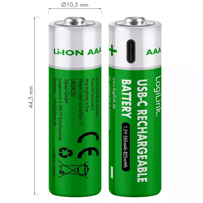 LogiLink LR03RCB2 nabíjateľné batérie AAA Li-Ion USB-C, 1,5V, balenie 2 ks