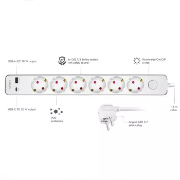 LogiLink predlžovacia zásuvka so 6 bezpečnostnými zásuvkami, USB-A & USB-C PD 20W, prepínač, 1,5 m, biela