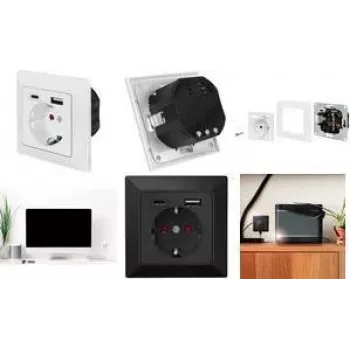 LogiLink PA0262B nástenná zásuvka s 1 Schuko zásuvkou, 1 USB-A a 1 USB-C nabíjačkou, čierna