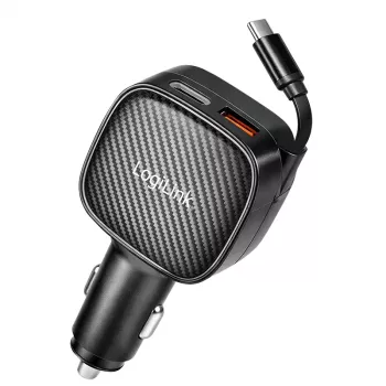 LogiLink USB nabíjačka do auta, 3 porty vrátane zásuvného USB-C kábla, 60W, PD, QC, čierna