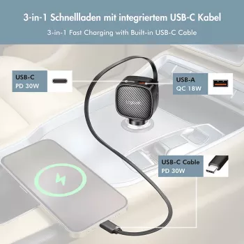 LogiLink USB nabíjačka do auta, 3 porty vrátane zásuvného USB-C kábla, 60W, PD, QC, čierna