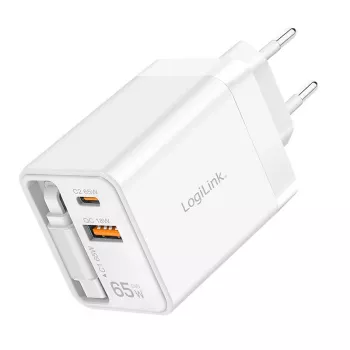 LogiLink USB-A/C nabíjačka 65 W GaN 3-portová biela s USB-C káblom