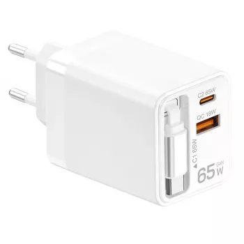 LogiLink USB-A/C nabíjačka 65 W GaN 3-portová biela s USB-C káblom