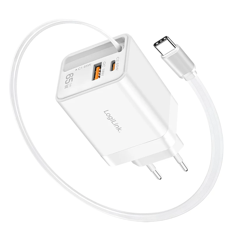 LogiLink USB-A/C nabíjačka 65 W GaN 3-portová biela s USB-C káblom