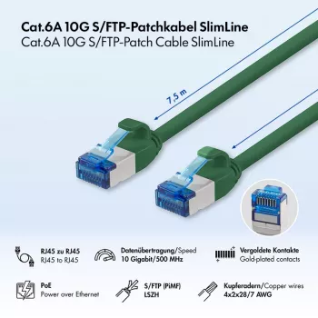 LogiLink Cat.6A S/FTP LSZH Slim patch kábel, 7,5 m, zelený