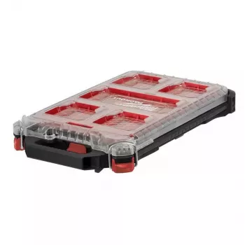 Milwaukee PACKOUT štíhly organizér Medium 8277387 - IP65 vodotesný a prachotesný, 10 vyberateľných nádob, priehľadné polykarbonátové veko, kovom vystužené uzávery, červeno-čierny