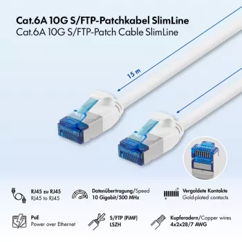 LogiLink SlimLine Cat.6A S/FTP LSZH patch kábel, biely, 15 m
