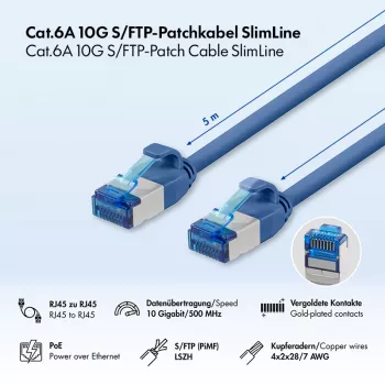 LogiLink Cat.6A Slim S/FTP LSZH patch kábel, modrá, 5 m, SlimLine