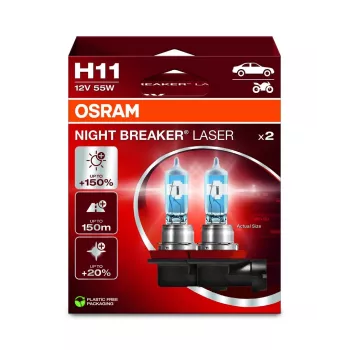 OSRAM NIGHT BREAKER LASER H11 halogénová žiarovka dvojbalenie 12V 55W PGJ19-2, až o 150% svetlejšia, o 150 m dlhší svetelný kužeľ, 3900K