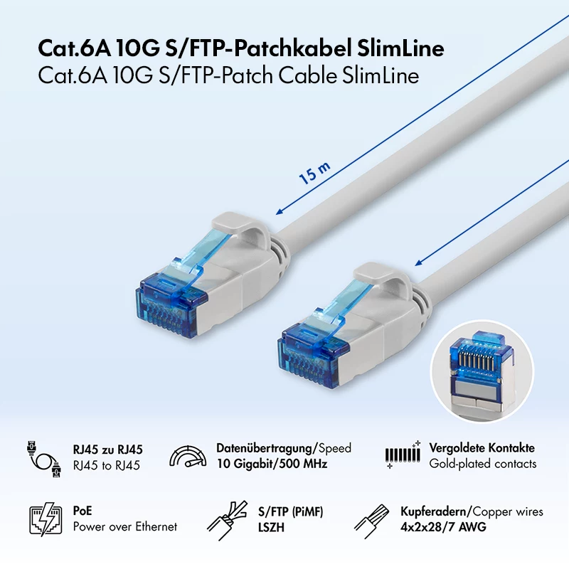 LogiLink Cat.6A Slim S/FTP LSZH patch kábel, sivá, 15 m, SlimLine