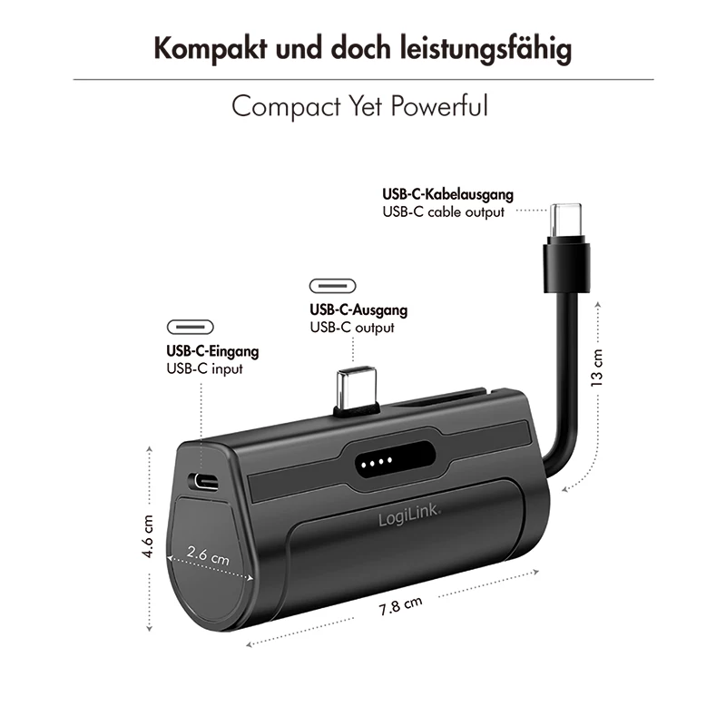 LogiLink mobilná power banka, LiPo, 4500 mAh, integrovaný USB-C konektor samec, čierna