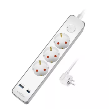 LogiLink LPS287U zásuvkový blok s 3 bezpečnostnými zásuvkami, USB-A & USB-C PD 20W, prepínač, 1,5m kábel, biely