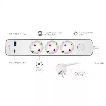 LogiLink LPS287U zásuvkový blok s 3 bezpečnostnými zásuvkami, USB-A & USB-C PD 20W, prepínač, 1,5m kábel, biely