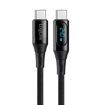 LogiLink USB 2.0 Type-C kábel s indikátorom výkonu, C/M na C/M, 480 Mbps, 240W PD 3.1, nylonový pletený, čierny, 1 m