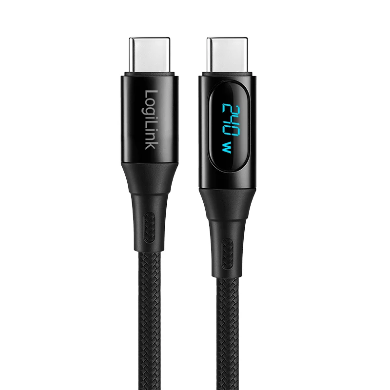 LogiLink USB 2.0 Type-C kábel s indikátorom výkonu, C/M na C/M, 480 Mbps, 240W PD 3.1, nylonový pletený, čierny, 1 m