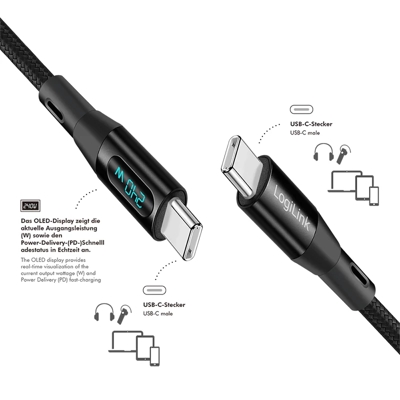 LogiLink USB 2.0 Type-C kábel s indikátorom výkonu, C/M na C/M, 480 Mbps, 240W PD 3.1, nylonový pletený, čierny, 1 m