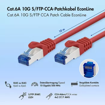 LogiLink Cat.6A CCA S/FTP LSZH patch kábel, červená, 10 m, EconLine