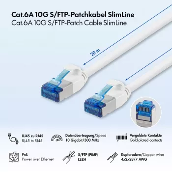 LogiLink Cat.6A Slim S/FTP LSZH patch kábel, biela, 20 m