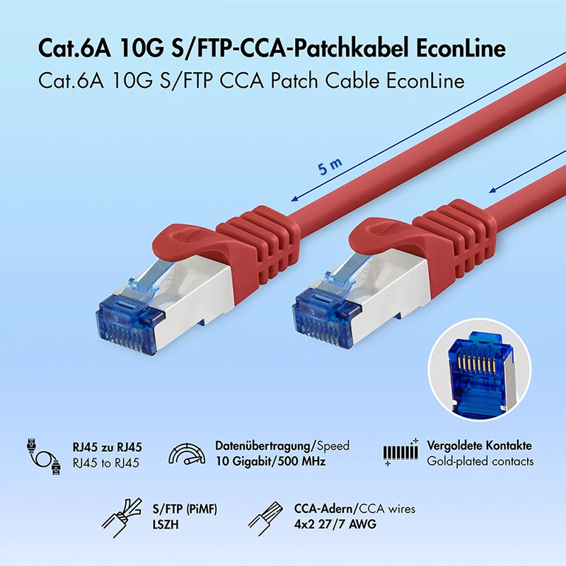 LogiLink Cat.6A S/FTP LSZH patch kábel, 5 m, červený, EconLine