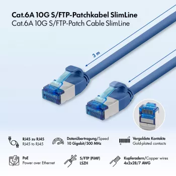 LogiLink SlimLine Cat.6A S/FTP LSZH patch kábel, modrá, 3 m